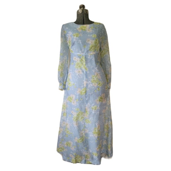Vintage 60s 70s Floral Maxi Dress Chiffon Blue Sheer Sleeve Babydoll Volup M/L - Picture 1 of 16